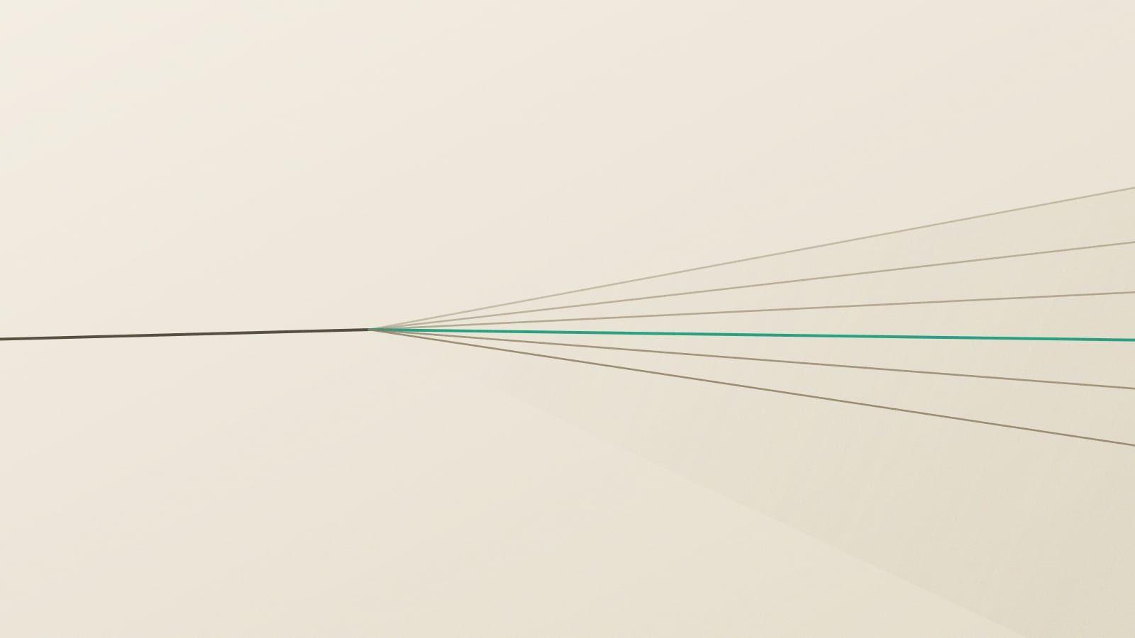 A dark line splitting into six diverging rays, one teal, on a cream field