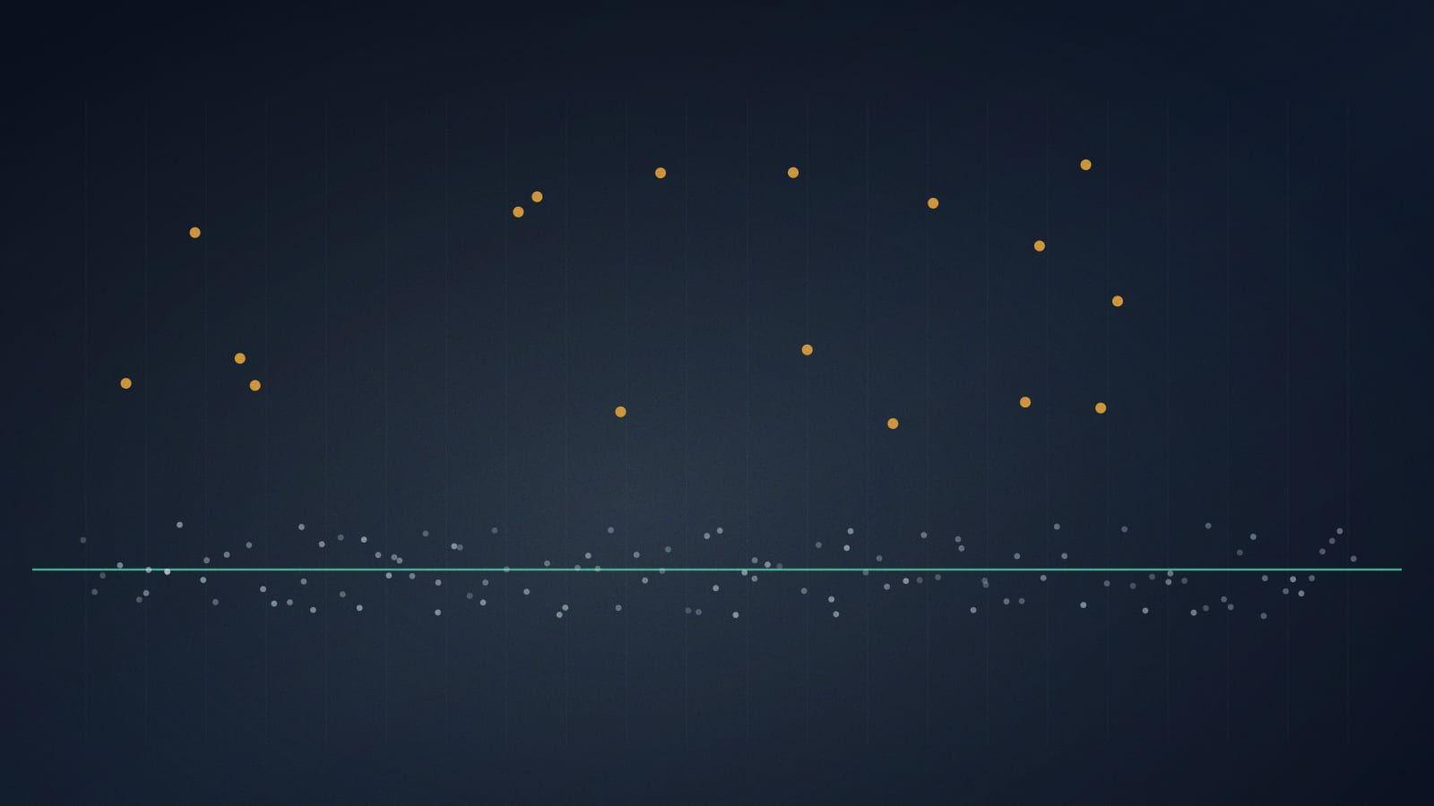 A scattered field of pale price points drifting above and below one teal median line, on deep ink blue