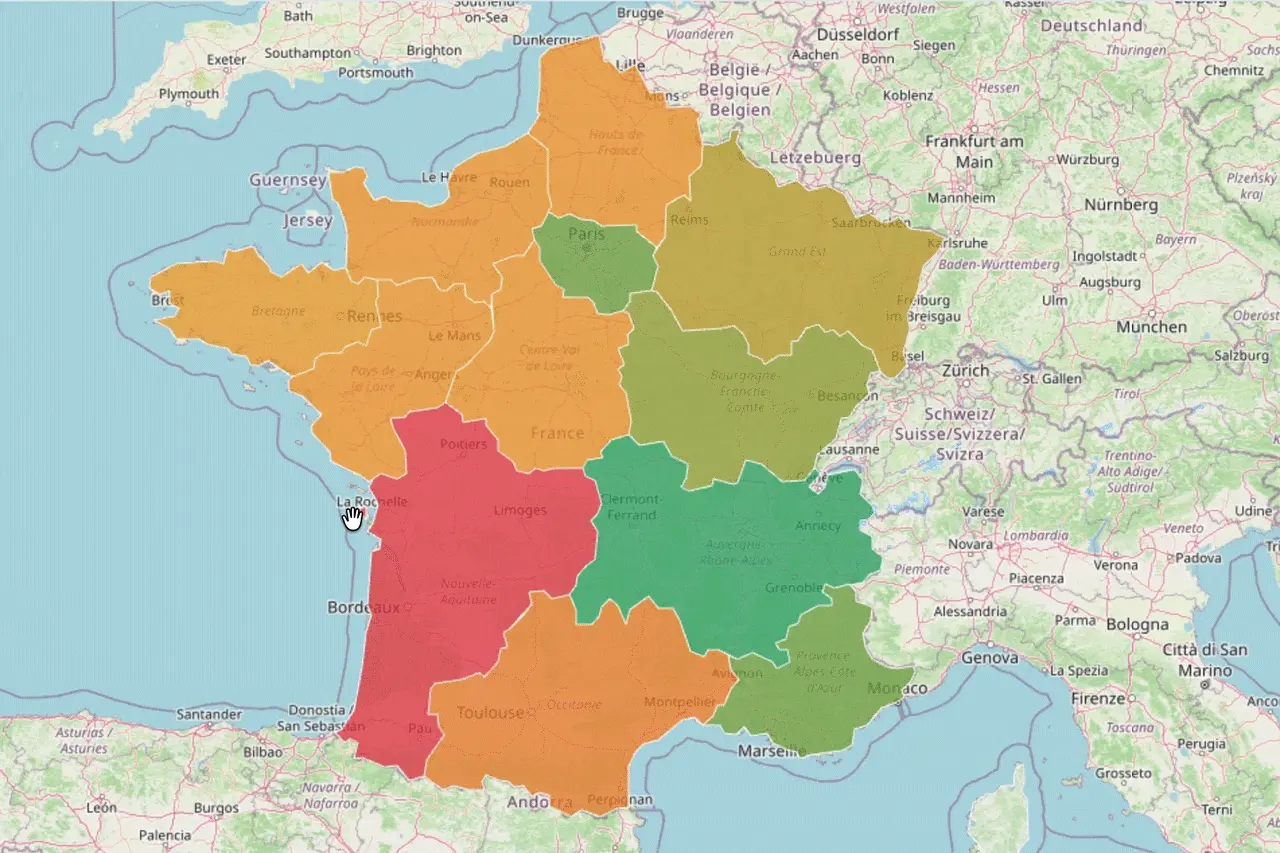 Animated map of France: average billed price by region, then a zoom into the most expensive region showing it is driven by a single overpriced reseller, ending on that seller’s detail panel with its billed day rates.